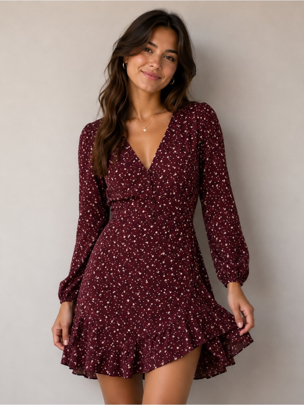 Abercrombie & Fitch Burgundy/Pink Floral V-Neck Ruffle Dress xs
